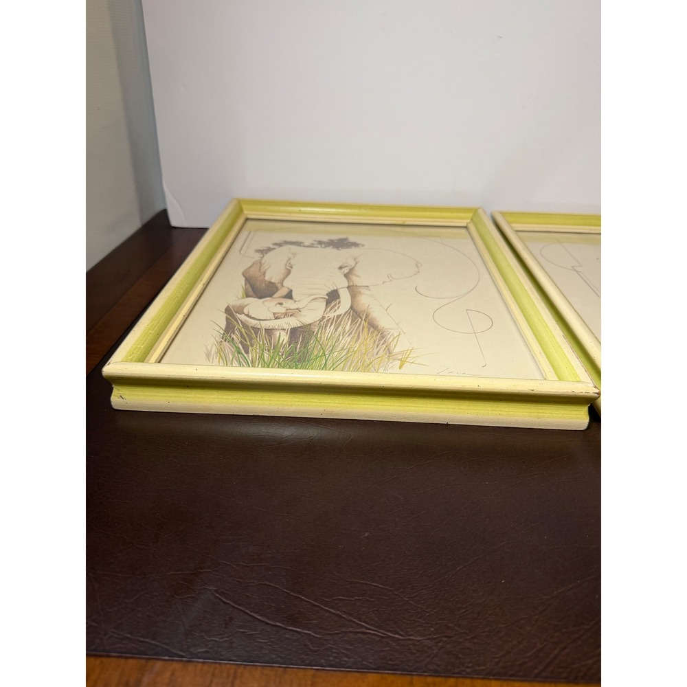 Vintage Tara Signed Wildlife Art Prints Set 2 Tiger Elephant Framed 11x13 Green - Picture 11 of 16